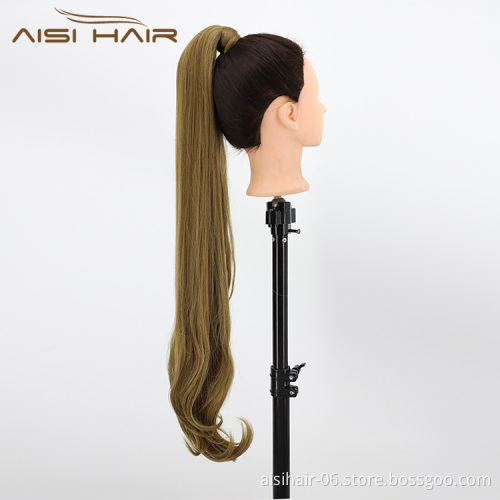 Aisi Hair Vendor Wholesale Long Straight Curly Wave End Magic Paste Brown Ponytail Drawstring Synthetic Ponytail Hair Extension